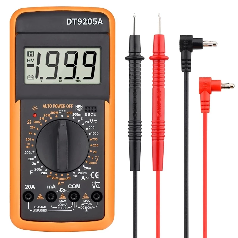 Профессиональный мультиметр Цифровой DT9205A Ручной тестер HFE емкость AC DC 1000V 20A измеритель напряжения тестер транзисторов
Профессиональный мультиметр Цифровой DT9205A Ручной тестер HFE емкость AC DC 1000V 20A измеритель напряжения тестер транзисторов