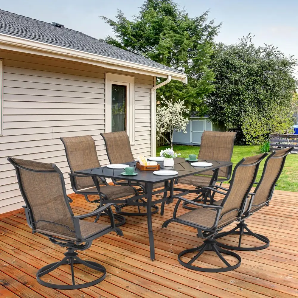 7Piece Patio Dining Table Set, Outdoor Iron Dining Set with Umbrella Hole, Splicing Table and 6 Textilene Swivel Chairs, Brown
7Piece Patio Dining Table Set, Outdoor Iron Dining Set with Umbrella Hole, Splicing Table and 6 Textilene Swivel Chairs, Brown