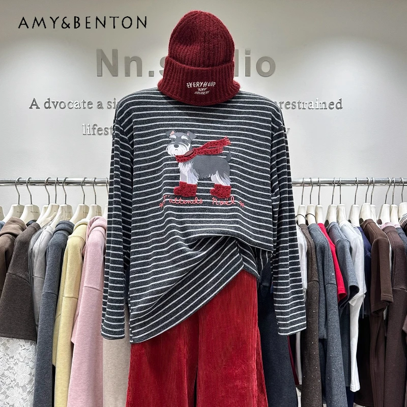 Brushed Loose Striped Bottoming Shirt Long Sleeves T-shirt Women's 2025 Winter Cartoon Print Mid-Length Inner Wear Top Tshirts
Brushed Loose Striped Bottoming Shirt Long Sleeves T-shirt Women's 2025 Winter Cartoon Print Mid-Length Inner Wear Top Tshirts