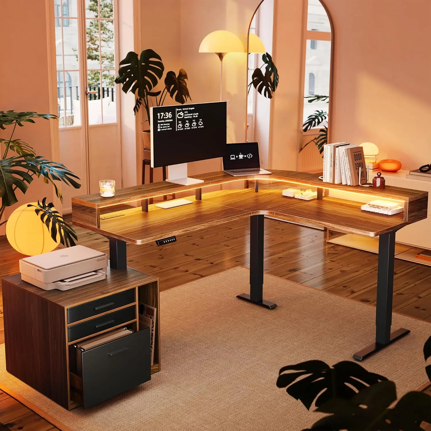 Electric L Shaped Standing Desk with File Cabinet, 63" x 55" 2-Tier Height Adjustable Sit Stand up Desk with LED Strip, Power
Electric L Shaped Standing Desk with File Cabinet, 63" x 55" 2-Tier Height Adjustable Sit Stand up Desk with LED Strip, Power