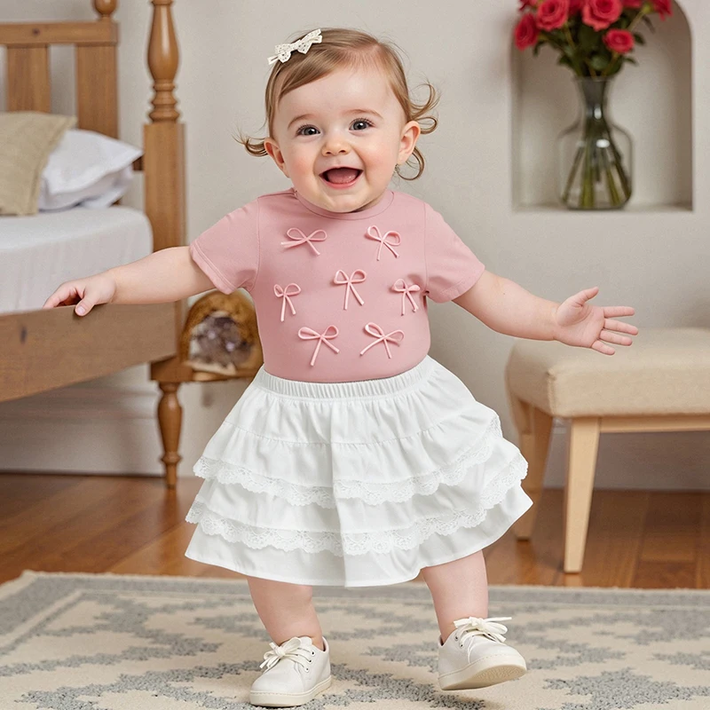 Kids Girl Summer Outfit Bows Crew Neck Short Sleeve T-Shirt and Solid Color Ruffled Skirt Fashion 2 Pieces Set
Kids Girl Summer Outfit Bows Crew Neck Short Sleeve T-Shirt and Solid Color Ruffled Skirt Fashion 2 Pieces Set