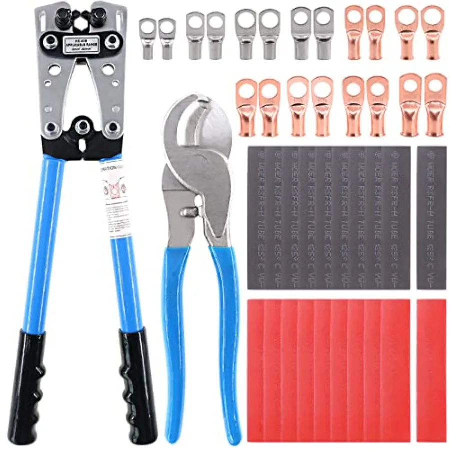 42Pcs Battery Cable Lug Crimping Tool Wire Crimper with Cable Cutter and Wire Lugs Ring Terminal Connectors and Heat Shrink Tub
42Pcs Battery Cable Lug Crimping Tool Wire Crimper with Cable Cutter and Wire Lugs Ring Terminal Connectors and Heat Shrink Tub