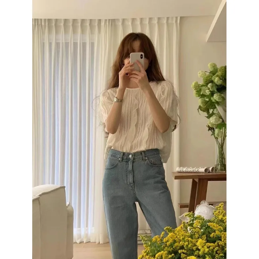 Summer Style Ruffle Texture Lace Trim round Neck Short Sleeve Women's Shirt Loose Fit Casual Versatile Chinese Made
Summer Style Ruffle Texture Lace Trim round Neck Short Sleeve Women's Shirt Loose Fit Casual Versatile Chinese Made