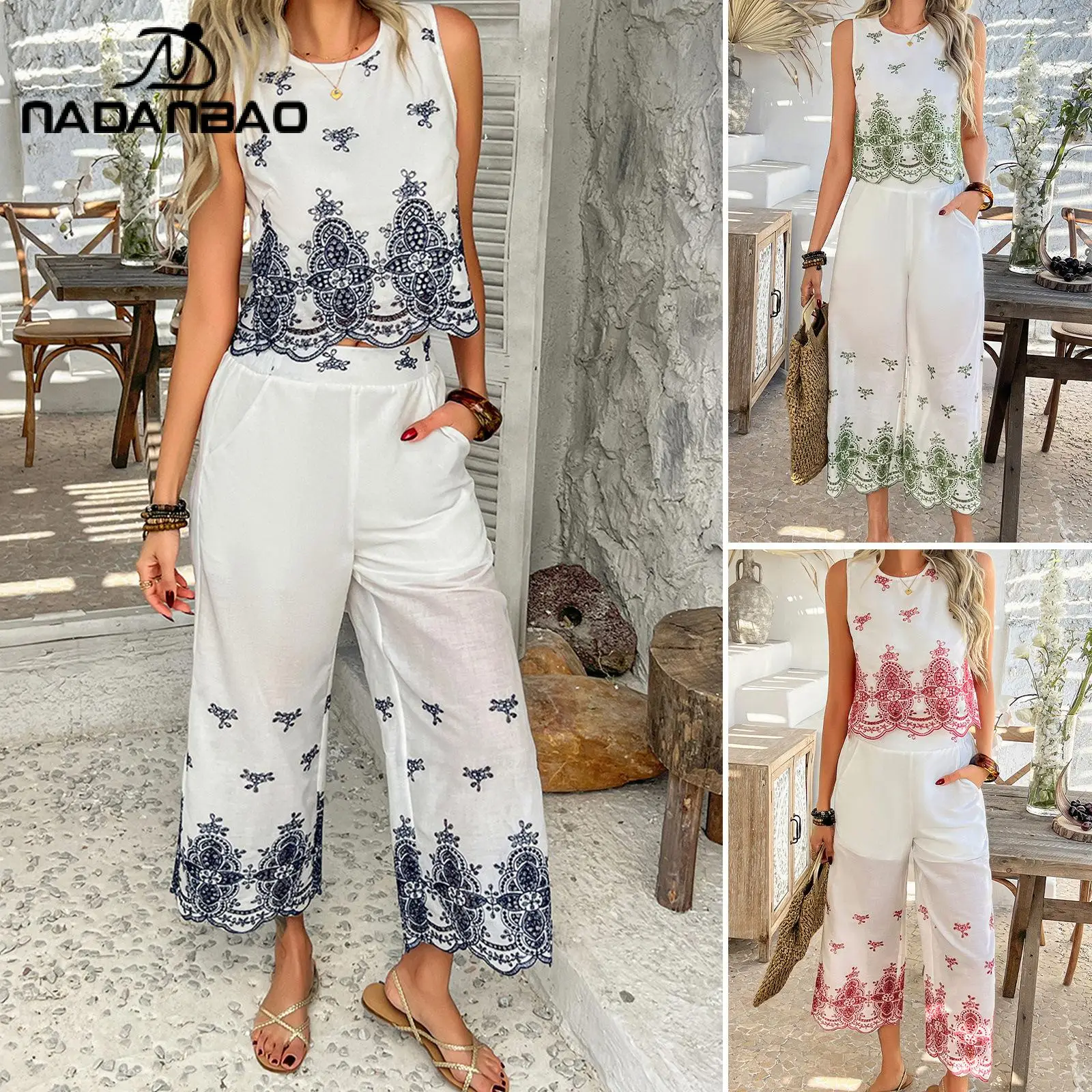 Nadanbao Women Sleeveless Two Piece Set Summer Lace Trimmed Boho Matching Set Floral Print Wide Leg Pants Office Lady Outfit
Nadanbao Women Sleeveless Two Piece Set Summer Lace Trimmed Boho Matching Set Floral Print Wide Leg Pants Office Lady Outfit