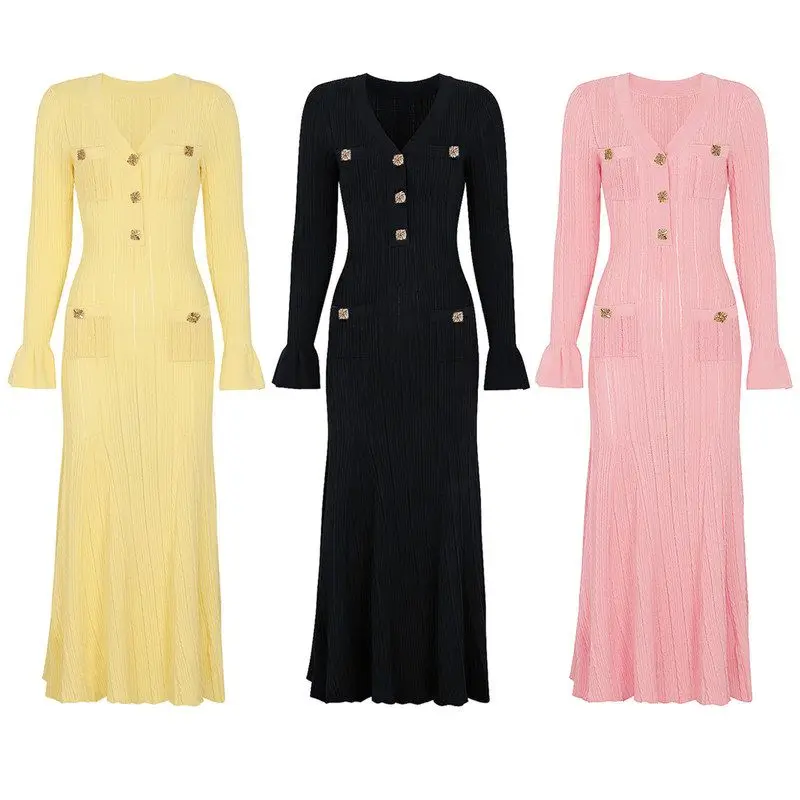High Quality Knitted Slimming Fashion Dress Elegant Wide Hem Midi Skirt V Neck Long Sleeve mid Waist European Style Casual Dress
High Quality Knitted Slimming Fashion Dress Elegant Wide Hem Midi Skirt V Neck Long Sleeve mid Waist European Style Casual Dress