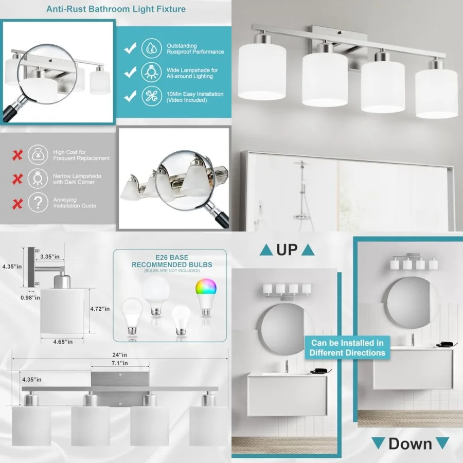 Bathroom Lights Over Mirror Brushed Nickel, Anti-Rust 4-Light Bathroom Vanity Light Fixtures, Modern 24Inch Wall Sconces E26 Ba
Bathroom Lights Over Mirror Brushed Nickel, Anti-Rust 4-Light Bathroom Vanity Light Fixtures, Modern 24Inch Wall Sconces E26 Ba