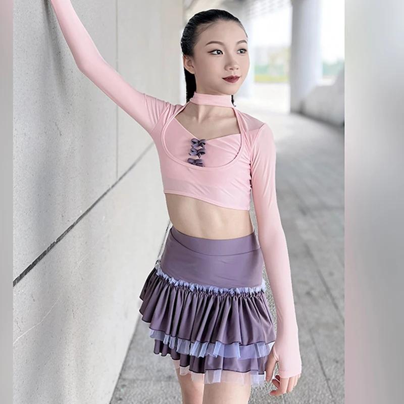 Kids Latin Dance Clothes Girls Pink Tops Purple Ruffled Skirt Professional Practice Dance Dress Cha Cha Show Costume DNV22883
Kids Latin Dance Clothes Girls Pink Tops Purple Ruffled Skirt Professional Practice Dance Dress Cha Cha Show Costume DNV22883