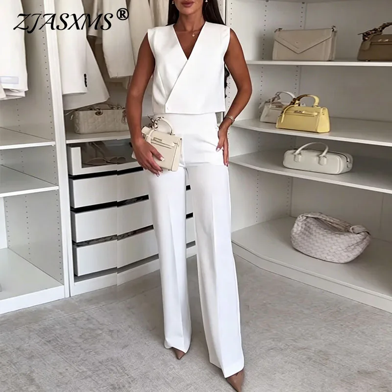 Women Solid Two Piece Business Suits Sleeveless V Neck Vest High Waist Wide Leg Pants Set Elegant Office Lady Formal Work Outfit
Women Solid Two Piece Business Suits Sleeveless V Neck Vest High Waist Wide Leg Pants Set Elegant Office Lady Formal Work Outfit