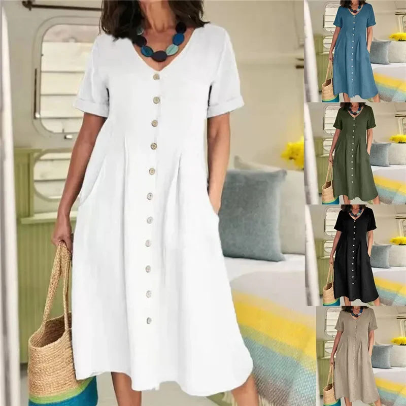 Women's Clothing Summer Casual V Neck Short Sleeve Cotton Linen Midi Dress Solid Loose High Waist Elegant Party Dresses Vestidos
Women's Clothing Summer Casual V Neck Short Sleeve Cotton Linen Midi Dress Solid Loose High Waist Elegant Party Dresses Vestidos