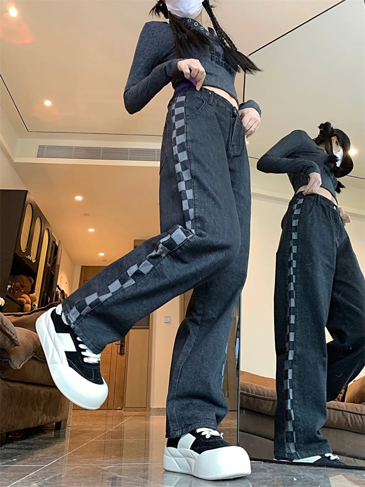 Women's Side Grid Splicing High Waisted Thin Jeans Street Style Wide Legs Trousers Cool Girl Casual Bottoms Female Denim Pants
Women's Side Grid Splicing High Waisted Thin Jeans Street Style Wide Legs Trousers Cool Girl Casual Bottoms Female Denim Pants