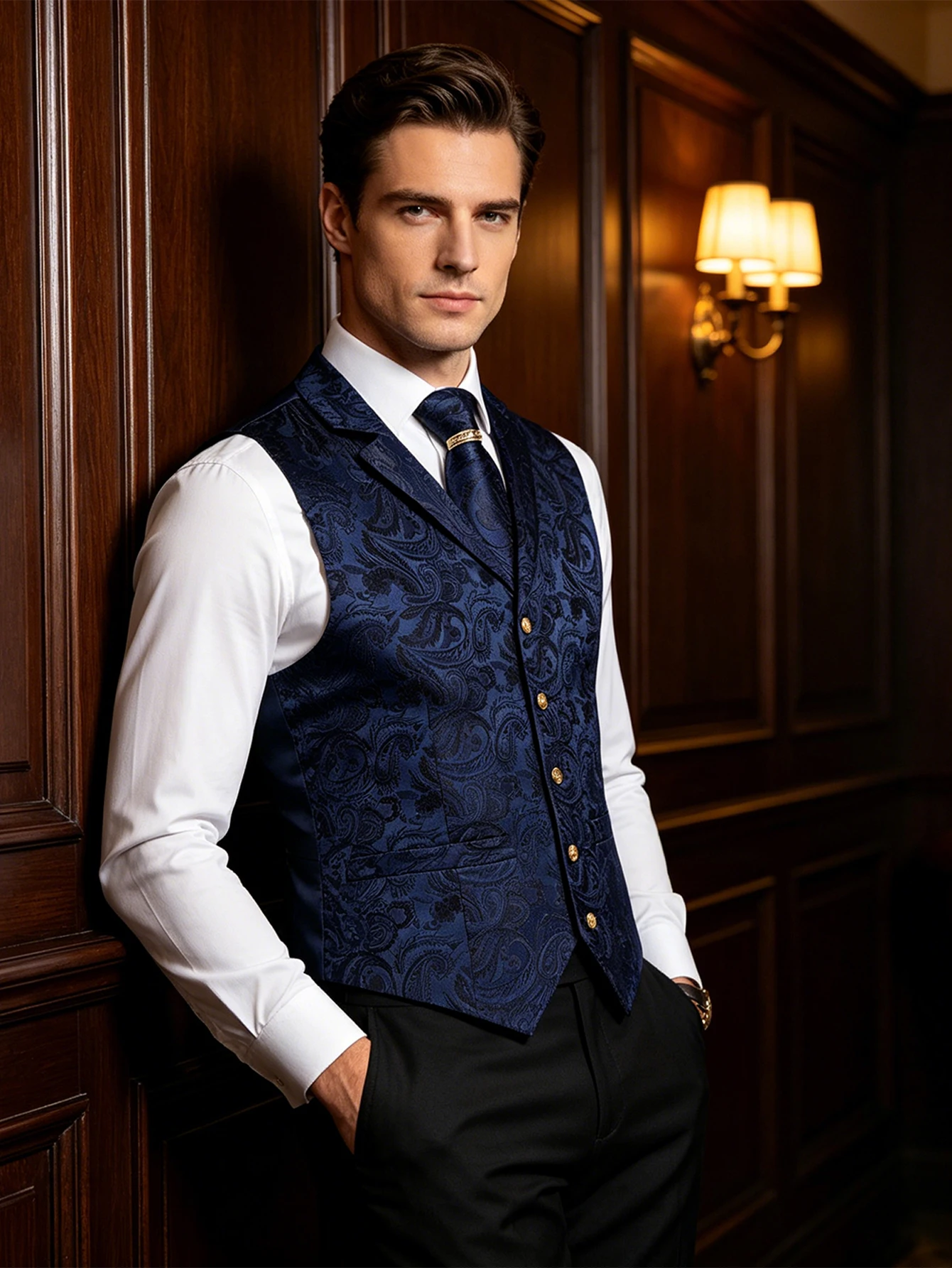 Paisley Pattern Collared Vest Full Set with Tie Pocket Square and Cufflinks Formal Party Outfit
Paisley Pattern Collared Vest Full Set with Tie Pocket Square and Cufflinks Formal Party Outfit