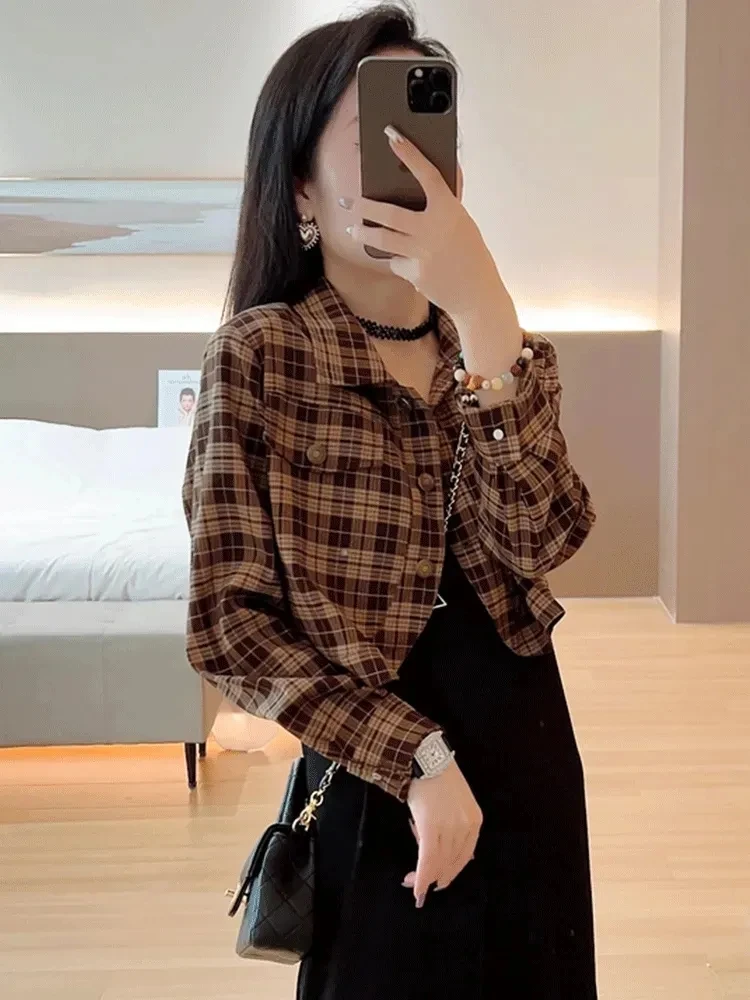 Spring Autumn Short Retro Plaid Shirt Jacket Women's Elegant Casual Long Sleeve Top Korean Style Collar Button up Loose Fit
Spring Autumn Short Retro Plaid Shirt Jacket Women's Elegant Casual Long Sleeve Top Korean Style Collar Button up Loose Fit