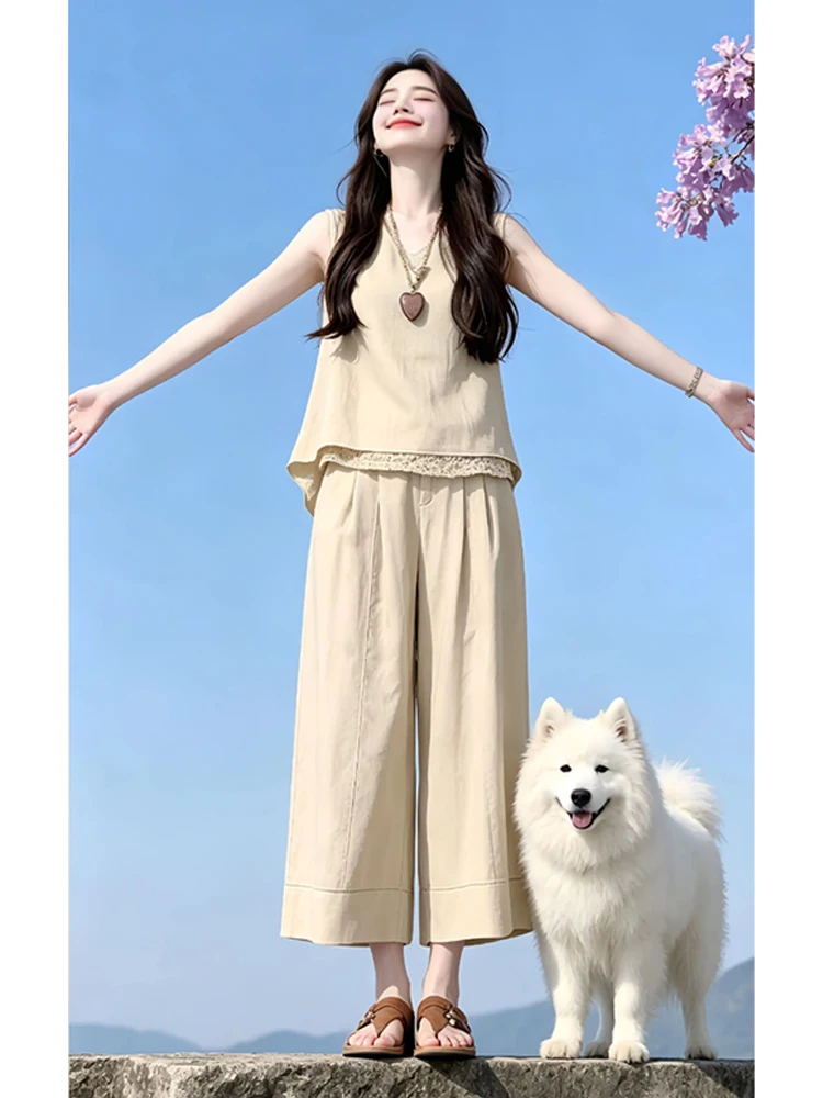 Korean Style Lazy Fashion Sleeveless Women's Two-Piece Set Slimming Wide Leg Pants Breathable Casual Wear for Summer
Korean Style Lazy Fashion Sleeveless Women's Two-Piece Set Slimming Wide Leg Pants Breathable Casual Wear for Summer