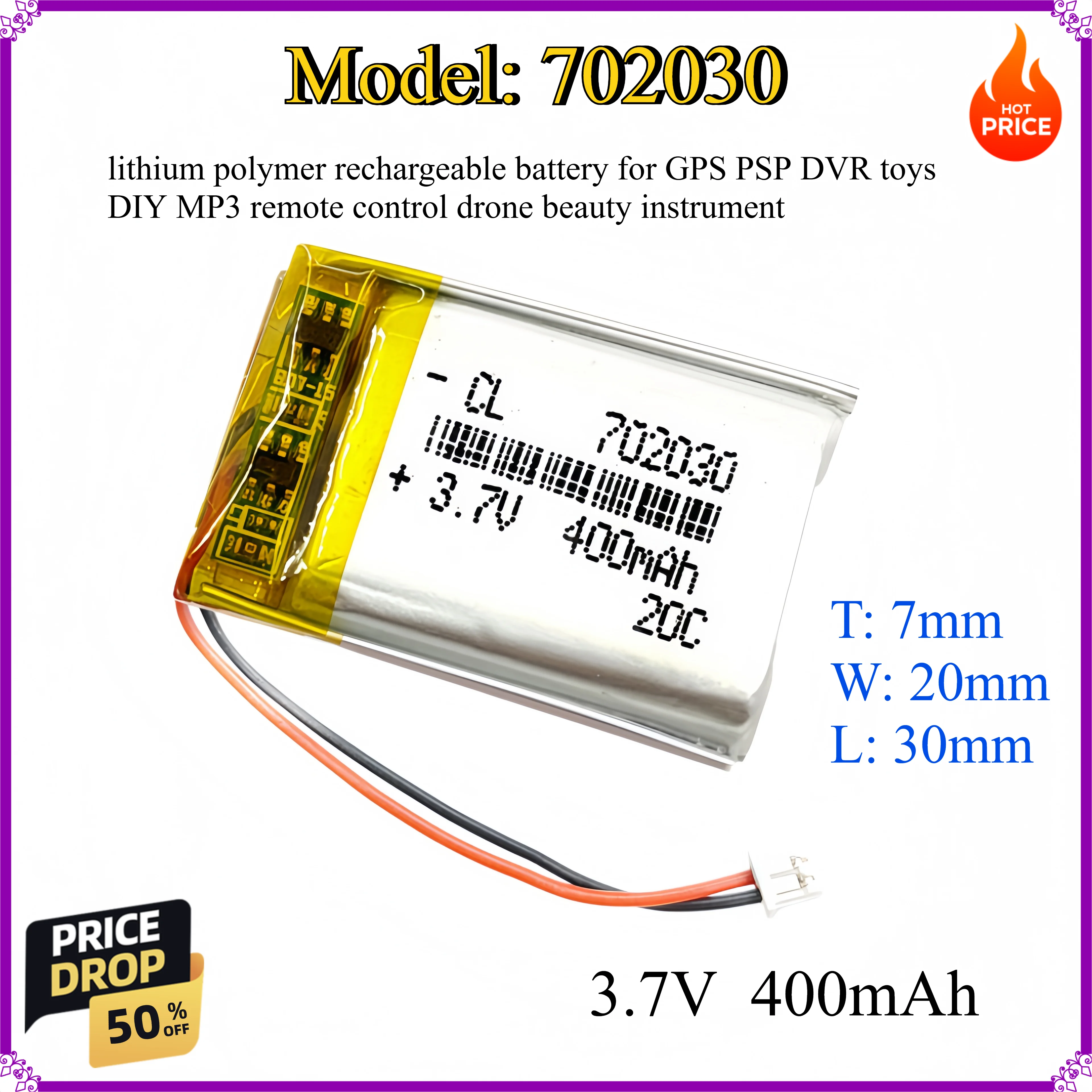 702030 3.7V 400mAh lithium polymer rechargeable battery for GPS PSP DVR toys DIY MP3 remote control drone beauty instrument
702030 3.7V 400mAh lithium polymer rechargeable battery for GPS PSP DVR toys DIY MP3 remote control drone beauty instrument