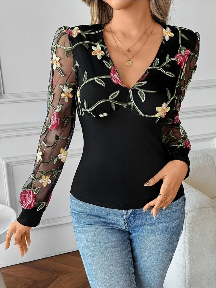 2025 Embroidery T Shirt Tees Long Sleeve Tops Blusas V-link See Through Slim Bodycon temperament Elegant Casual Commuting Flower
2025 Embroidery T Shirt Tees Long Sleeve Tops Blusas V-link See Through Slim Bodycon temperament Elegant Casual Commuting Flower