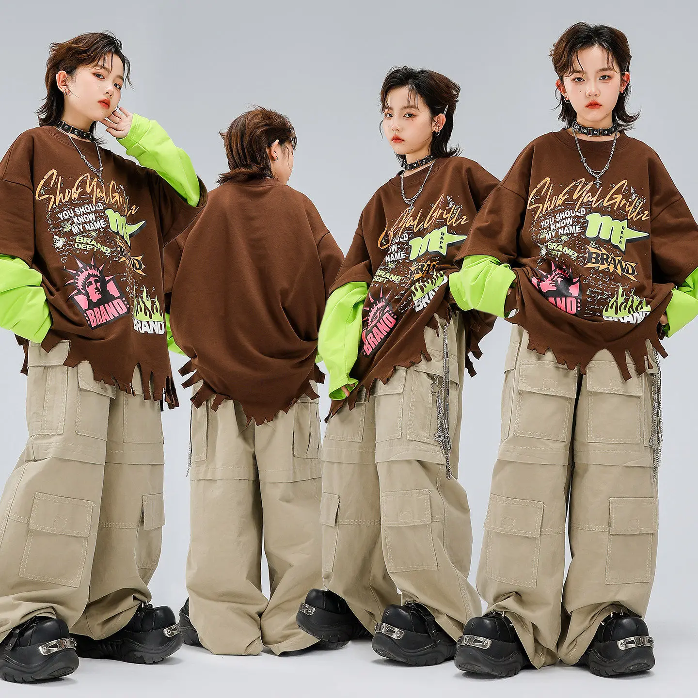 Kid Kpop Hip Hop Clothing Coffee Fringed Hem Sweatshirt Khaki Casual Multi Pocket Cargo Pants for Girl Boy Dance Costume Clothes
Kid Kpop Hip Hop Clothing Coffee Fringed Hem Sweatshirt Khaki Casual Multi Pocket Cargo Pants for Girl Boy Dance Costume Clothes