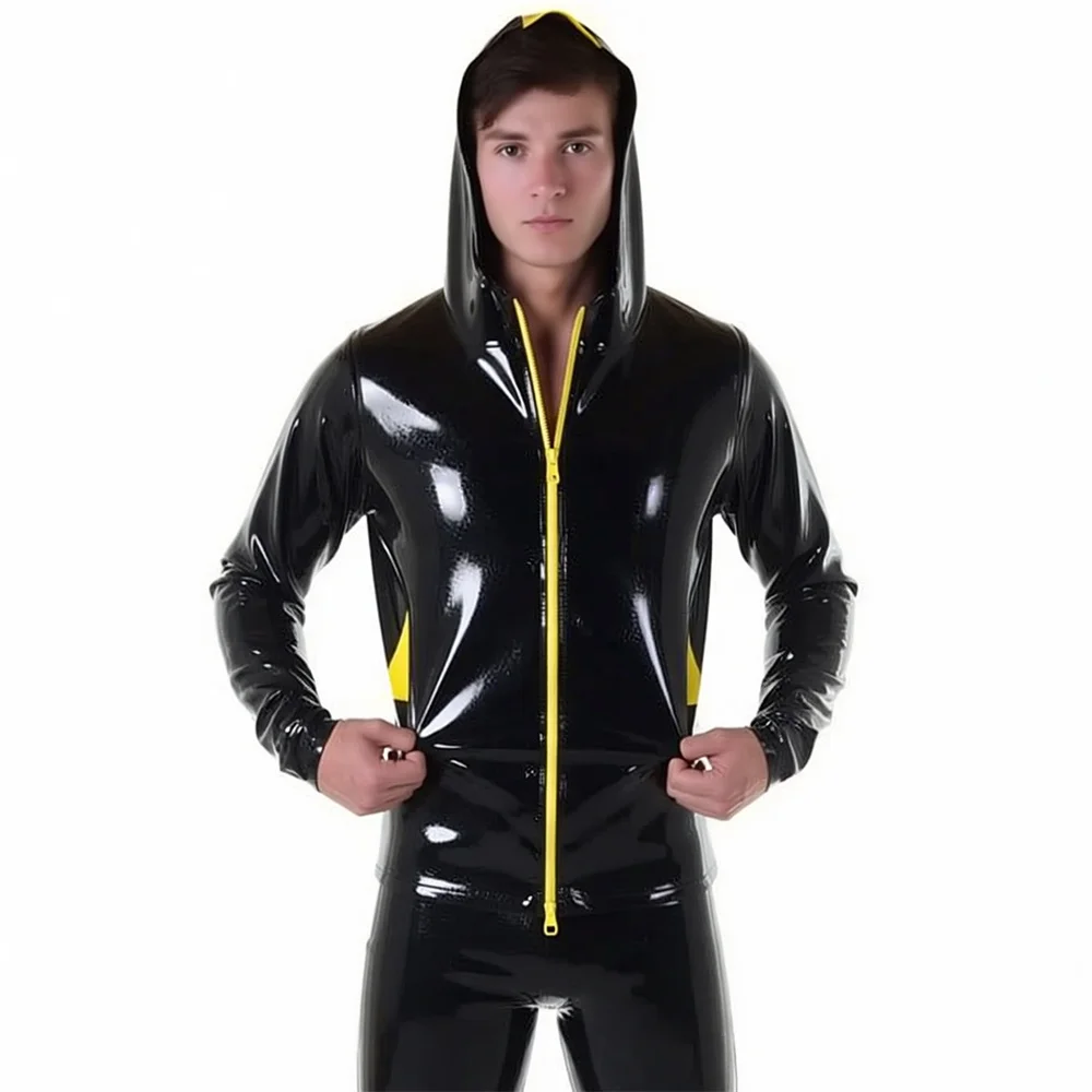 With Front Zippers Black And Yellow Sexy Latex Jacket Hoodies Rubber Coat Top Customized
With Front Zippers Black And Yellow Sexy Latex Jacket Hoodies Rubber Coat Top Customized