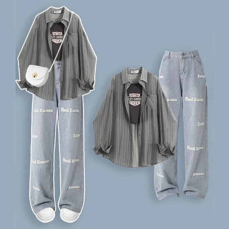 Women's Spring/Summer New Fashion Letter Denim Pants Matching Set 2025 Korean Elegant Striped Shirt+Vest+Jeans 3-Piece Suit
Women's Spring/Summer New Fashion Letter Denim Pants Matching Set 2025 Korean Elegant Striped Shirt+Vest+Jeans 3-Piece Suit