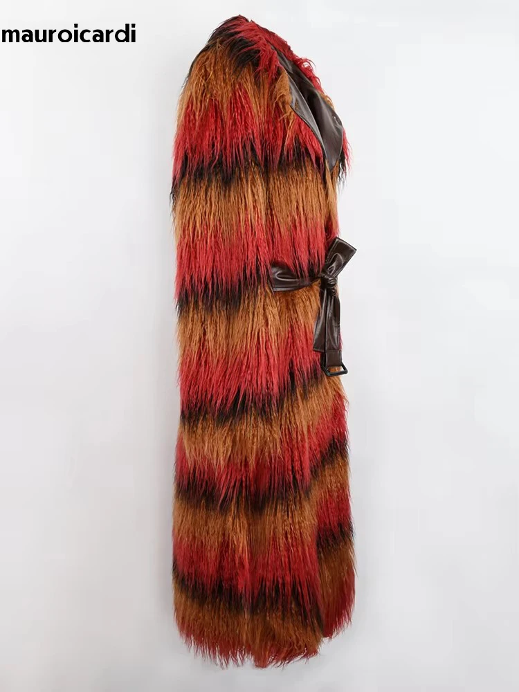 Mauroicardi Winter Long Colorful Striped Thick Warm Pu Leather Patchwork Faux Mongolian Fur Coat Women Luxury Fluffy Overcoat
Mauroicardi Winter Long Colorful Striped Thick Warm Pu Leather Patchwork Faux Mongolian Fur Coat Women Luxury Fluffy Overcoat