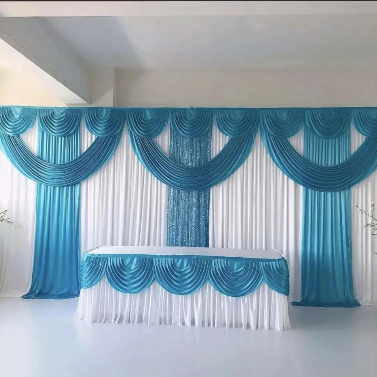 10FTX20FT Wedding Backdrop Curtain Swag Stage Background Drapery White Color with Teal Blue
10FTX20FT Wedding Backdrop Curtain Swag Stage Background Drapery White Color with Teal Blue