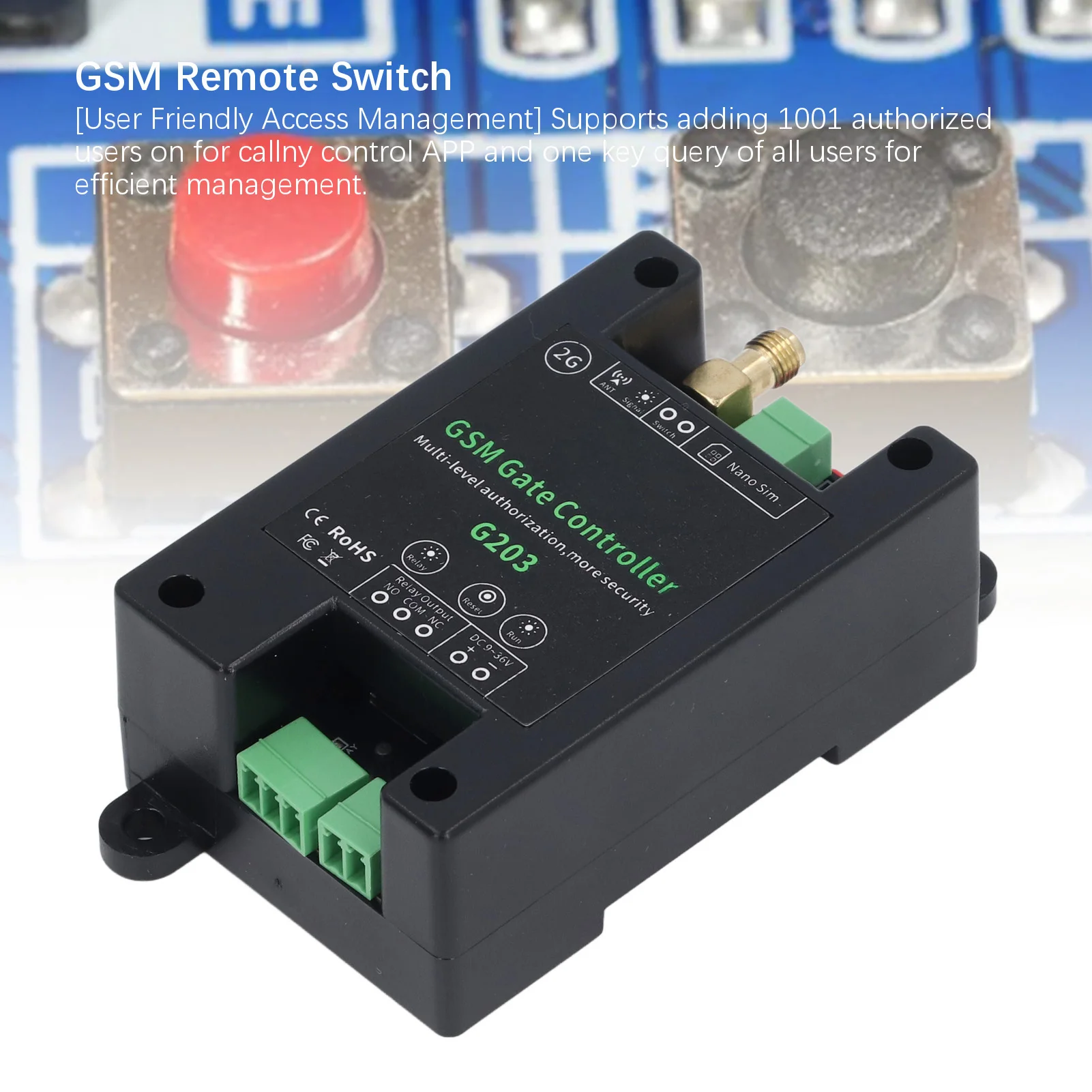 GSM Door Opener GSM Gate Opener 2G Phone Call SMS APP Control 0‑9999s Delay Closure GSM Remote Door Opener DC9‑36V 1A
GSM Door Opener GSM Gate Opener 2G Phone Call SMS APP Control 0‑9999s Delay Closure GSM Remote Door Opener DC9‑36V 1A