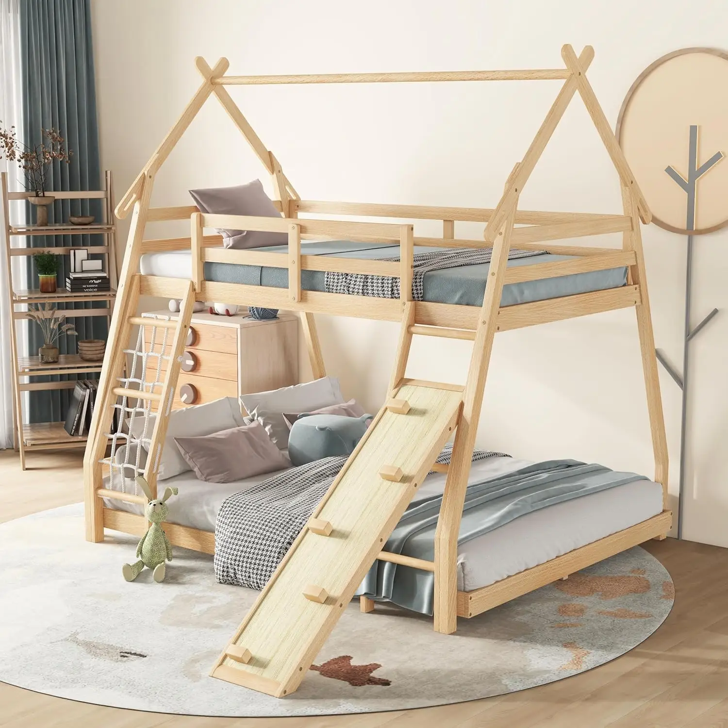 Low Bunk Bed for Kids, Twin Over Queen House Bunk Bed with Climbing Nets and Climbing Ramp, Natural
Low Bunk Bed for Kids, Twin Over Queen House Bunk Bed with Climbing Nets and Climbing Ramp, Natural