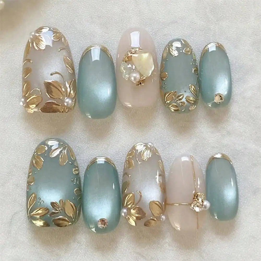 24Pcs Cat Eye Press On Nails Blue Green Gold Foil Floral Almond Fake Nails DIY Manicure Women
24Pcs Cat Eye Press On Nails Blue Green Gold Foil Floral Almond Fake Nails DIY Manicure Women