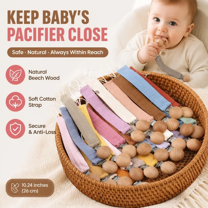 Beech Wood Cotton Pacifier Clip Chain Baby Teething Toy Holder Anti-Loss Pacifier Holder for Infant, 10.24 Inches
Beech Wood Cotton Pacifier Clip Chain Baby Teething Toy Holder Anti-Loss Pacifier Holder for Infant, 10.24 Inches