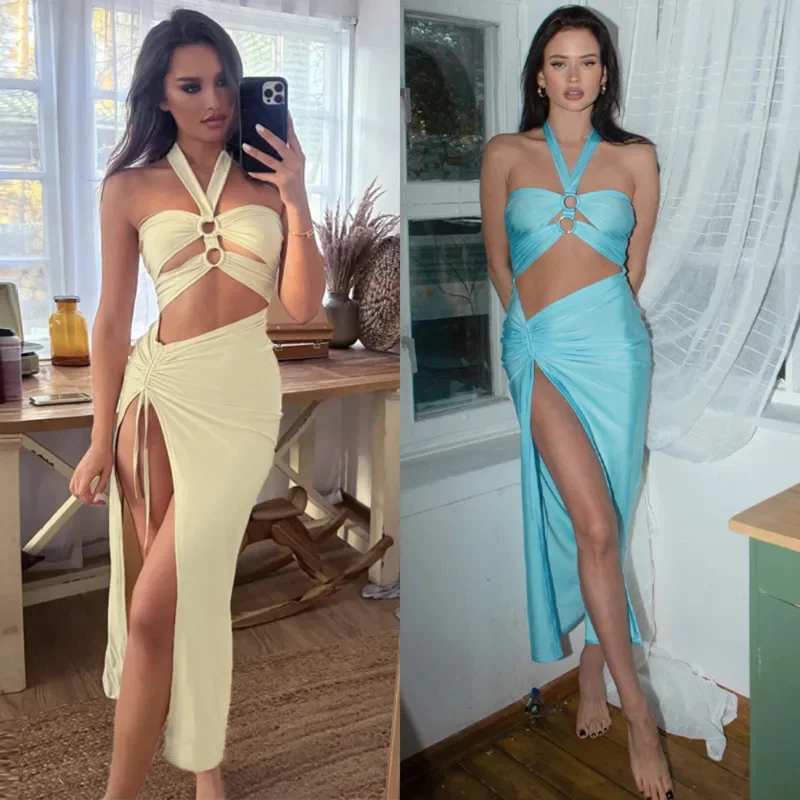 Elegant Solid Color Chest Wrapping Neck Strap Dress Sexy Ring Connected Hollow Slit Dress Fashionable Women's Mid Length Skirt
Elegant Solid Color Chest Wrapping Neck Strap Dress Sexy Ring Connected Hollow Slit Dress Fashionable Women's Mid Length Skirt