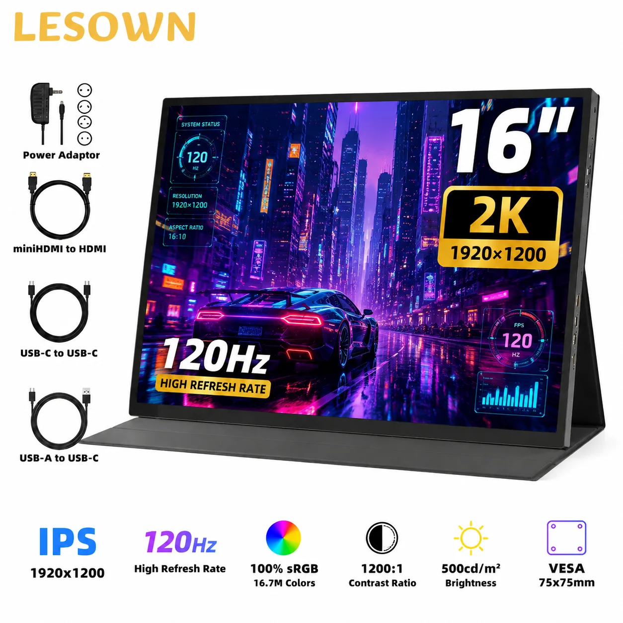 LESOWN 16.0" Extended Screen 120Hz 16:10 WUXGA Plug & Play Slim Black Display with Type-C for Business Travel
LESOWN 16.0" Extended Screen 120Hz 16:10 WUXGA Plug & Play Slim Black Display with Type-C for Business Travel