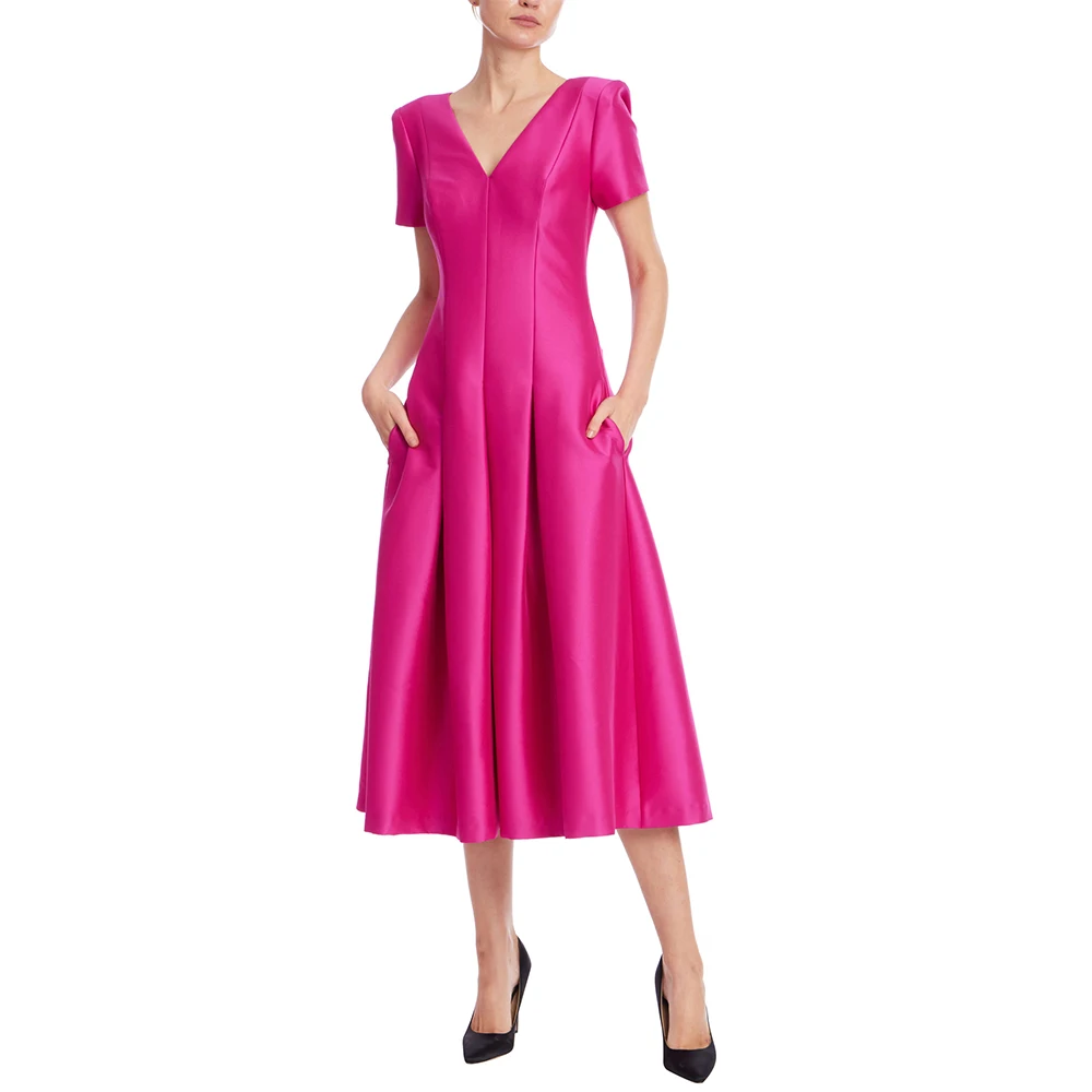 Simple Fuchsia Tea Length Satin Evening Dress with Pockets Saudi Customized Short Sleeves V-Neck Pleats Wedding Party Gowns
Simple Fuchsia Tea Length Satin Evening Dress with Pockets Saudi Customized Short Sleeves V-Neck Pleats Wedding Party Gowns