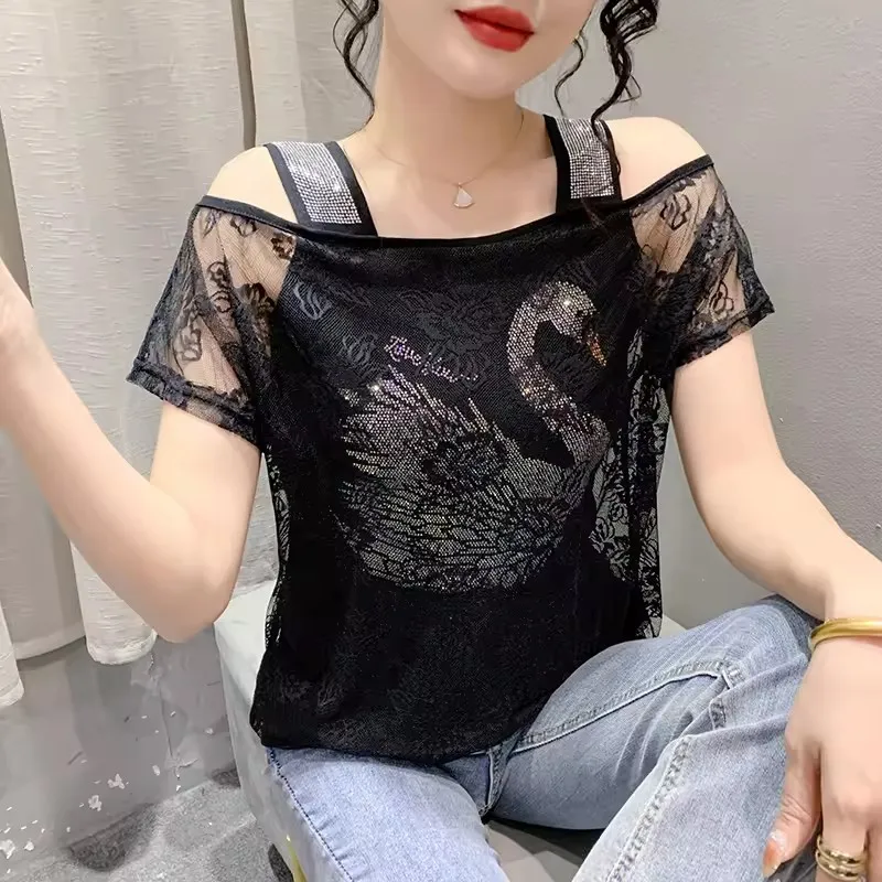 Sexy Off Shoulder Women Summer Tees Elegant Chic Luxury Hot Diamonds T-Shirt New Female All Match Short Sleeve Lace Tops
Sexy Off Shoulder Women Summer Tees Elegant Chic Luxury Hot Diamonds T-Shirt New Female All Match Short Sleeve Lace Tops