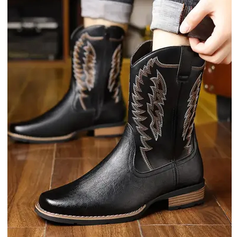 Men's Black Embroidered Western Cowboy Boots 2026 Brown Side Zipper Chunky Heels Mid-Calf Boots Retro Riding Boots for Men
Men's Black Embroidered Western Cowboy Boots 2026 Brown Side Zipper Chunky Heels Mid-Calf Boots Retro Riding Boots for Men