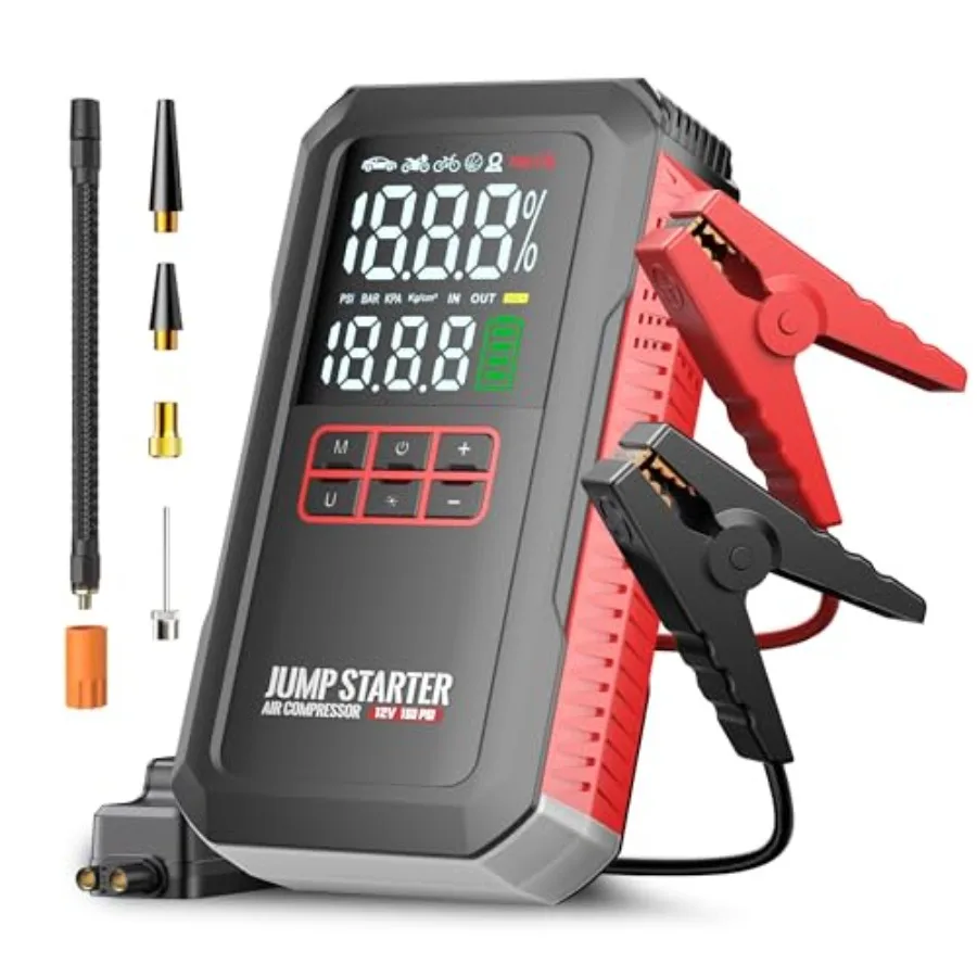 Car battery jump starter with air compressor for automotive use, aluminum alloy body, black color, 5000A peak current and 160PS
Car battery jump starter with air compressor for automotive use, aluminum alloy body, black color, 5000A peak current and 160PS