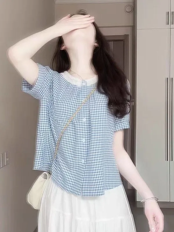 Blue Plaid Lace Trim Short Sleeve Women's Shirt Beautiful Summer 2026 New Design Straight Cut round Neck Button up Top
Blue Plaid Lace Trim Short Sleeve Women's Shirt Beautiful Summer 2026 New Design Straight Cut round Neck Button up Top
