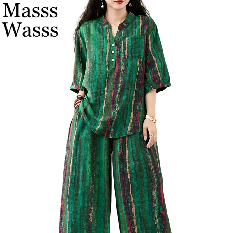 Masss Wasss 2025 Summer Women Printed Suits Striped Two Pieces Sets Loose Luxury Tops Tees Casual Wide Leg Pants Fashion Outfits
Masss Wasss 2025 Summer Women Printed Suits Striped Two Pieces Sets Loose Luxury Tops Tees Casual Wide Leg Pants Fashion Outfits