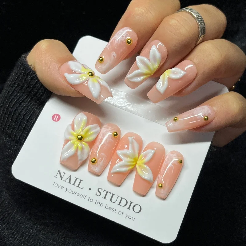 10 шт., 3D-цветочный пресс на ногтях, длинный труна, розовый градиент с золотыми заклепками, роскошные элегантные накладные ногти с цветочным принтом для женщин и девочек
10 шт., 3D-цветочный пресс на ногтях, длинный труна, розовый градиент с золотыми заклепками, роскошные элегантные накладные ногти с цветочным принтом для женщин и девочек