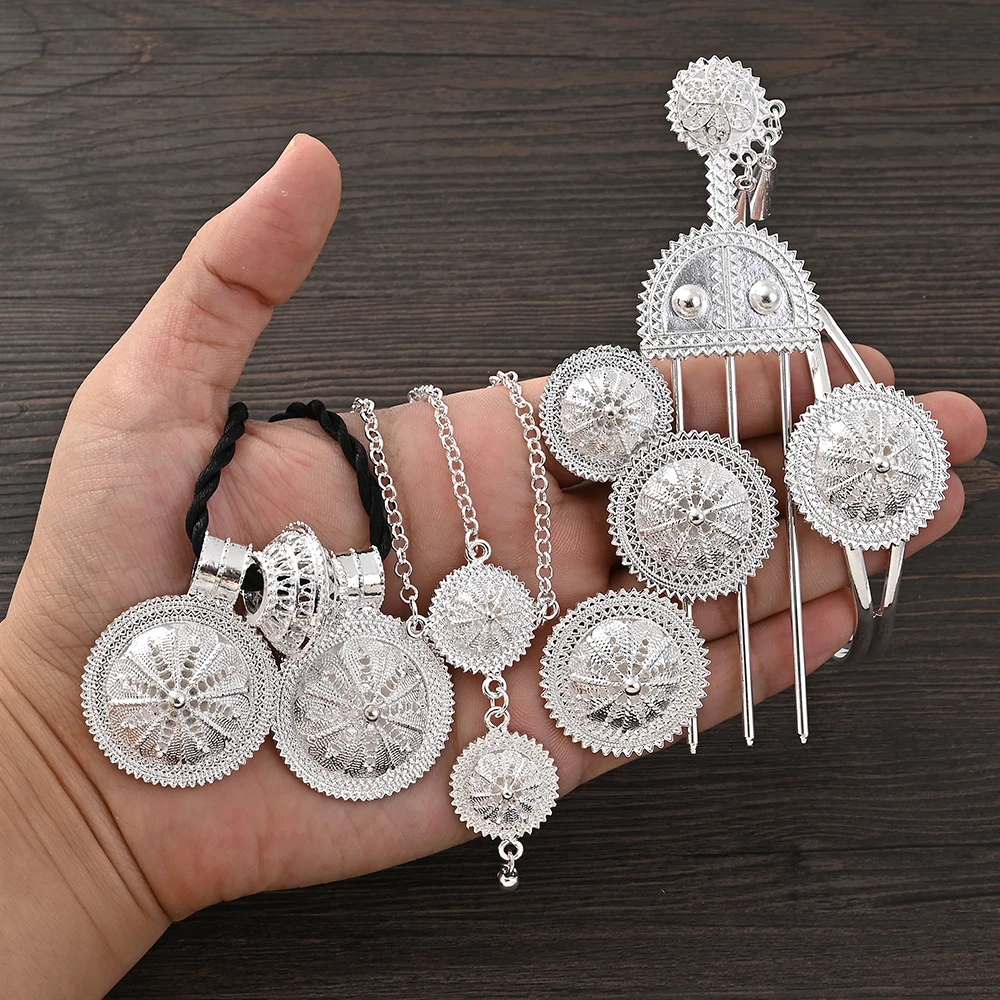 Luxury Silver Color Bridal Jewelry Sets Women Ethiopian Pendant Hairpin Necklace Earrings Bangle Ring Arab Wedding Party Gift
Luxury Silver Color Bridal Jewelry Sets Women Ethiopian Pendant Hairpin Necklace Earrings Bangle Ring Arab Wedding Party Gift