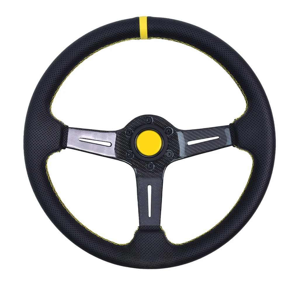 350mm Microfiber Perforated Leather Racing Steering Wheel True Carbon Deepth Bracket Sport Steering Wheel with Yellow Connector
350mm Microfiber Perforated Leather Racing Steering Wheel True Carbon Deepth Bracket Sport Steering Wheel with Yellow Connector