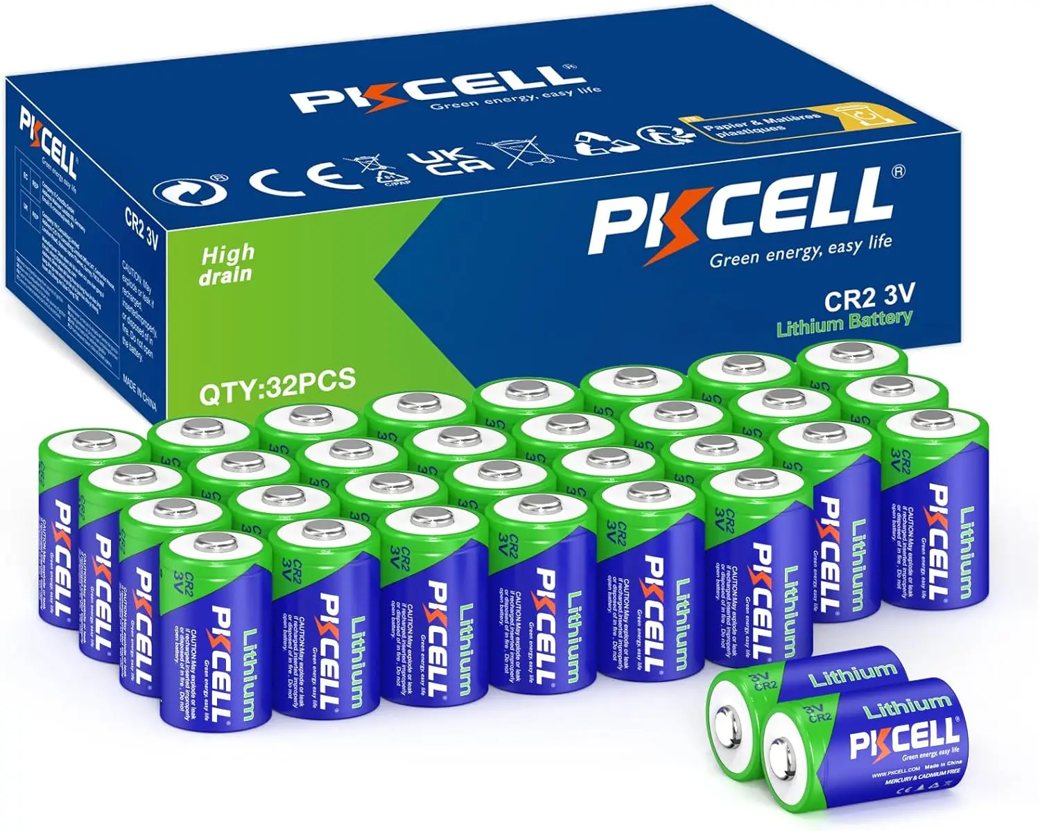 PKCELL 32PC CR2 3V Battery Li-MnO2 Photo Lithium Battery 850mAh Bulk Pack for Cameras, Medical Devices, LED Flashlights
PKCELL 32PC CR2 3V Battery Li-MnO2 Photo Lithium Battery 850mAh Bulk Pack for Cameras, Medical Devices, LED Flashlights