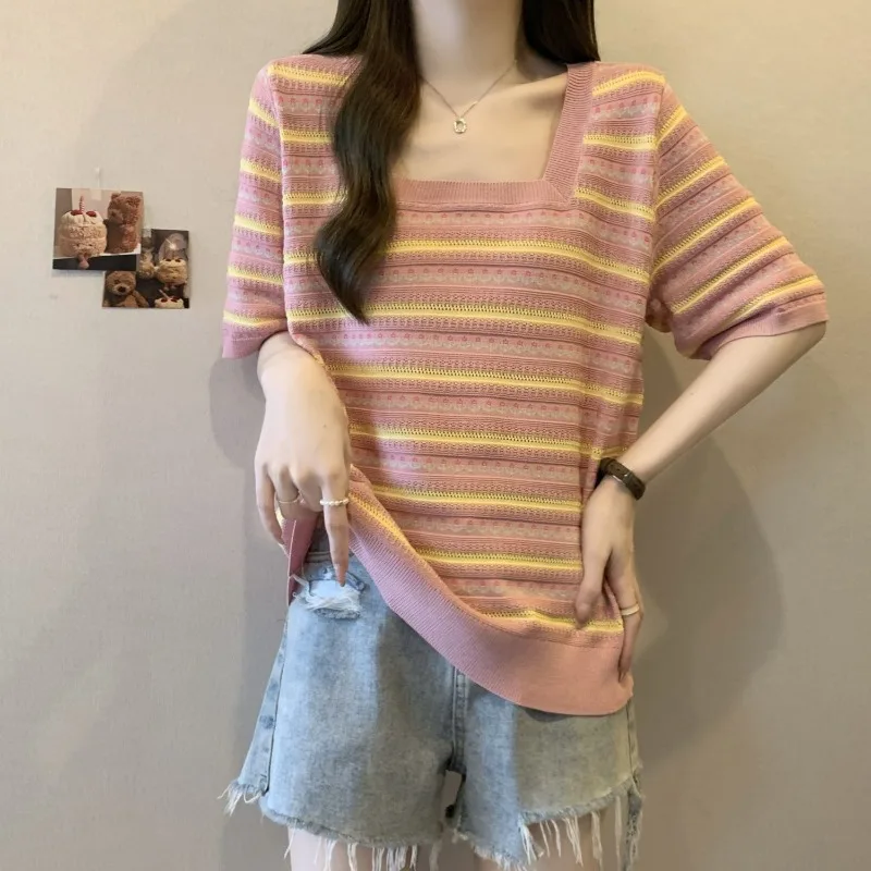 Square Neck Embroidered Ice Silk Short-sleeved T-shirt Women's 2025 Summer Thin Fashion Knitted Sweater Loose French Style Top
Square Neck Embroidered Ice Silk Short-sleeved T-shirt Women's 2025 Summer Thin Fashion Knitted Sweater Loose French Style Top