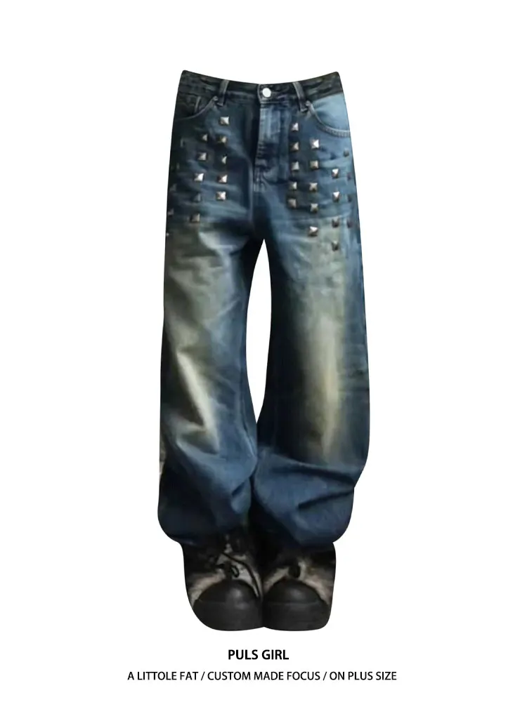 Retro American Large Size Jeans Women's Loose Fit Wide Leg Pants High Waist Casual Style Water Washed Distressed Rivet Detailing
Retro American Large Size Jeans Women's Loose Fit Wide Leg Pants High Waist Casual Style Water Washed Distressed Rivet Detailing