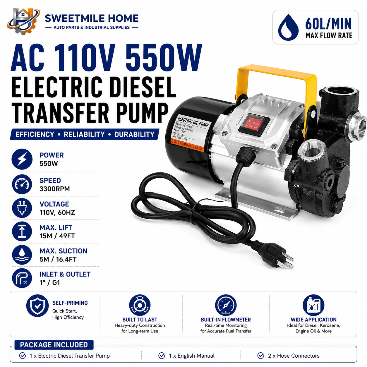 AC 110V 550W Electric Diesel Transfer Pump 60L/min Self-Priming Fuel Pump with Flowmeter 1 Inch Inlet Outlet for Kerosene
AC 110V 550W Electric Diesel Transfer Pump 60L/min Self-Priming Fuel Pump with Flowmeter 1 Inch Inlet Outlet for Kerosene
