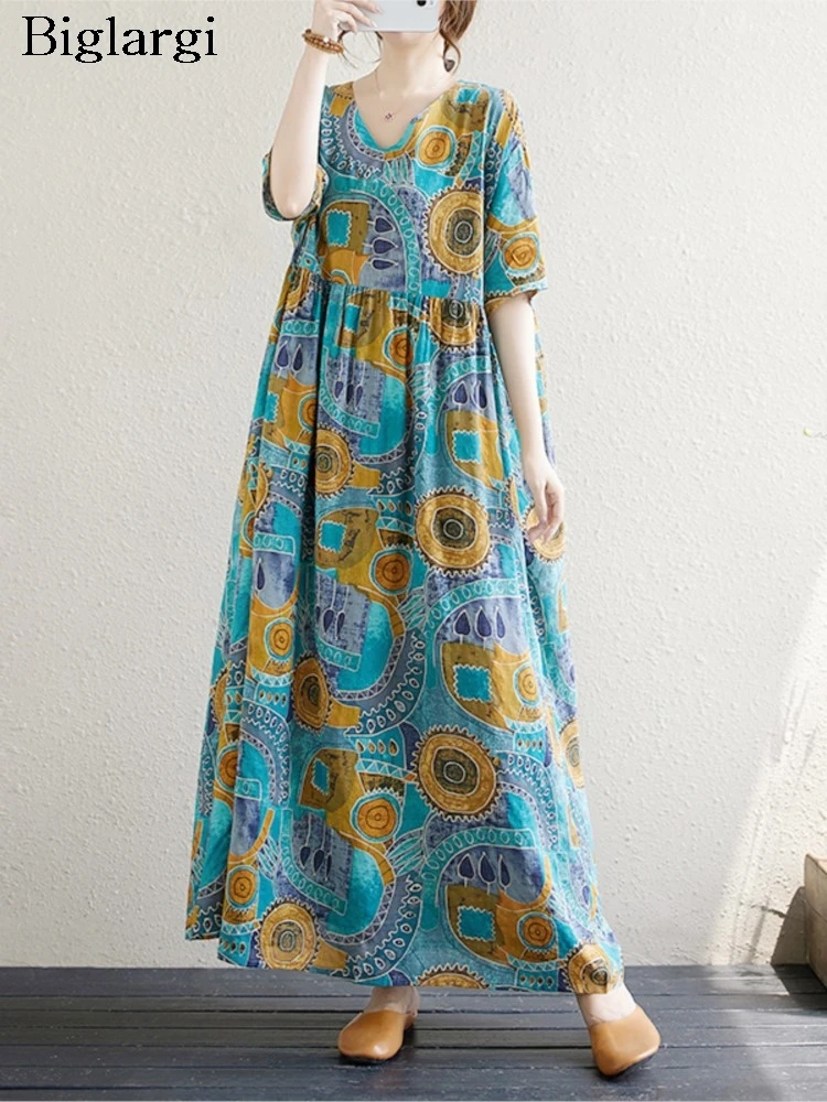 Cotton Linen Oversized Summer Long Dress Women Print V-Neck Fashion Casual Loose Ladies Dresses Ruffle Pleated Woman Dress
Cotton Linen Oversized Summer Long Dress Women Print V-Neck Fashion Casual Loose Ladies Dresses Ruffle Pleated Woman Dress