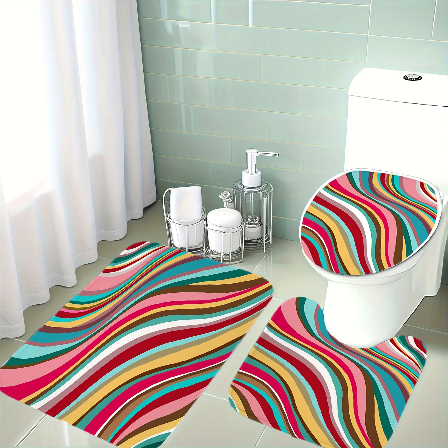 Wave Stripe 3pc Bath Set – Vibrant Multicolor Design, Soft Non-Slip Toilet Cover, U Mat & Floor Rug, Modern Decor
Wave Stripe 3pc Bath Set – Vibrant Multicolor Design, Soft Non-Slip Toilet Cover, U Mat & Floor Rug, Modern Decor