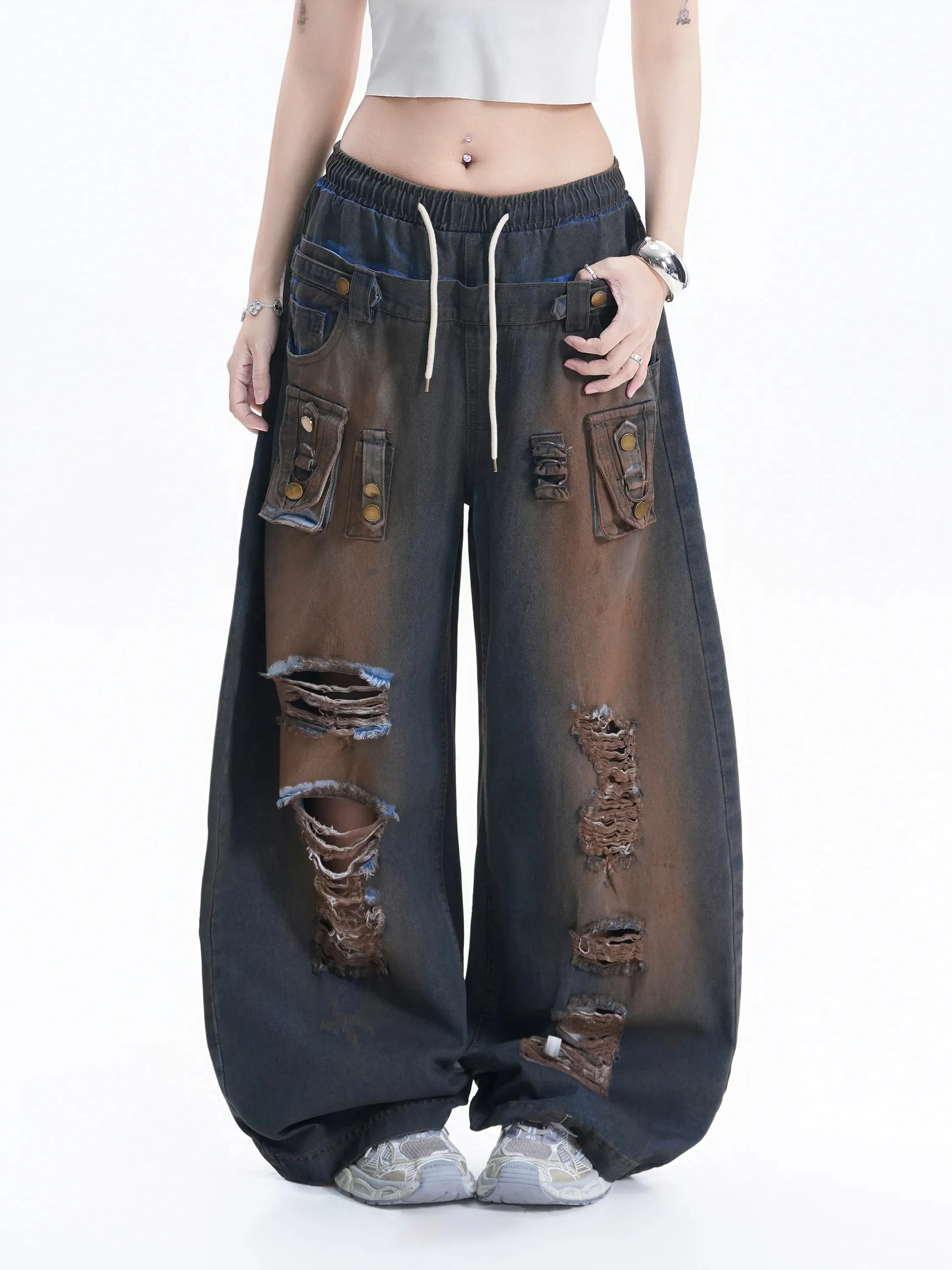 Retro American Hole Denim Jeans Women High Street Desert Style Gradient Wide Leg Knife Long Pants Natural Waist Cotton
Retro American Hole Denim Jeans Women High Street Desert Style Gradient Wide Leg Knife Long Pants Natural Waist Cotton
