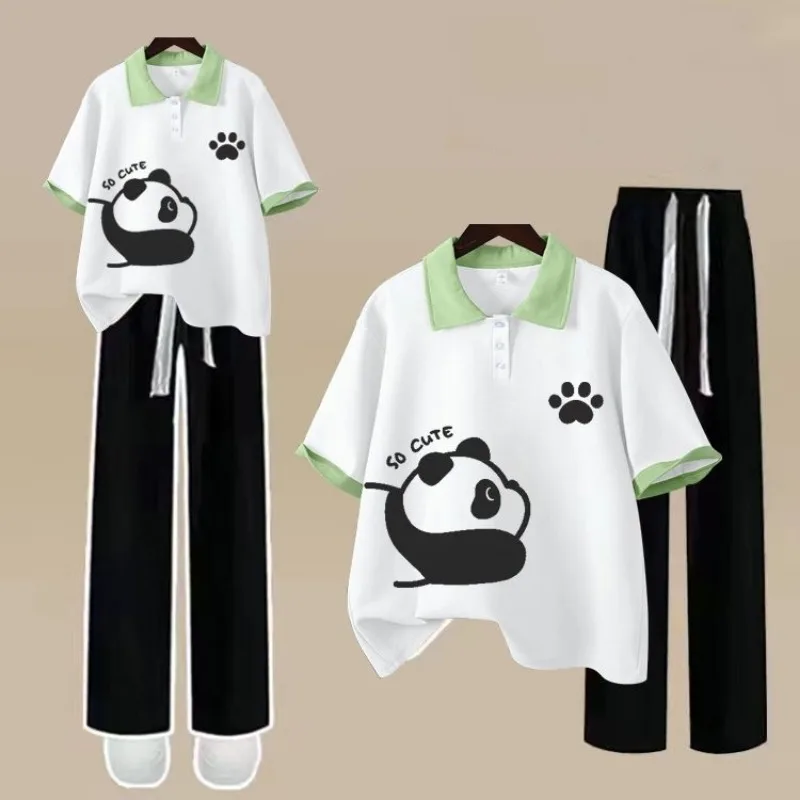 Women Summer Cute Panda Polo T Shirts Trousers Two Piece Suits Lady Casual Loose Cotton Short Sleeve Tops Wide Leg Pants Outfits
Women Summer Cute Panda Polo T Shirts Trousers Two Piece Suits Lady Casual Loose Cotton Short Sleeve Tops Wide Leg Pants Outfits