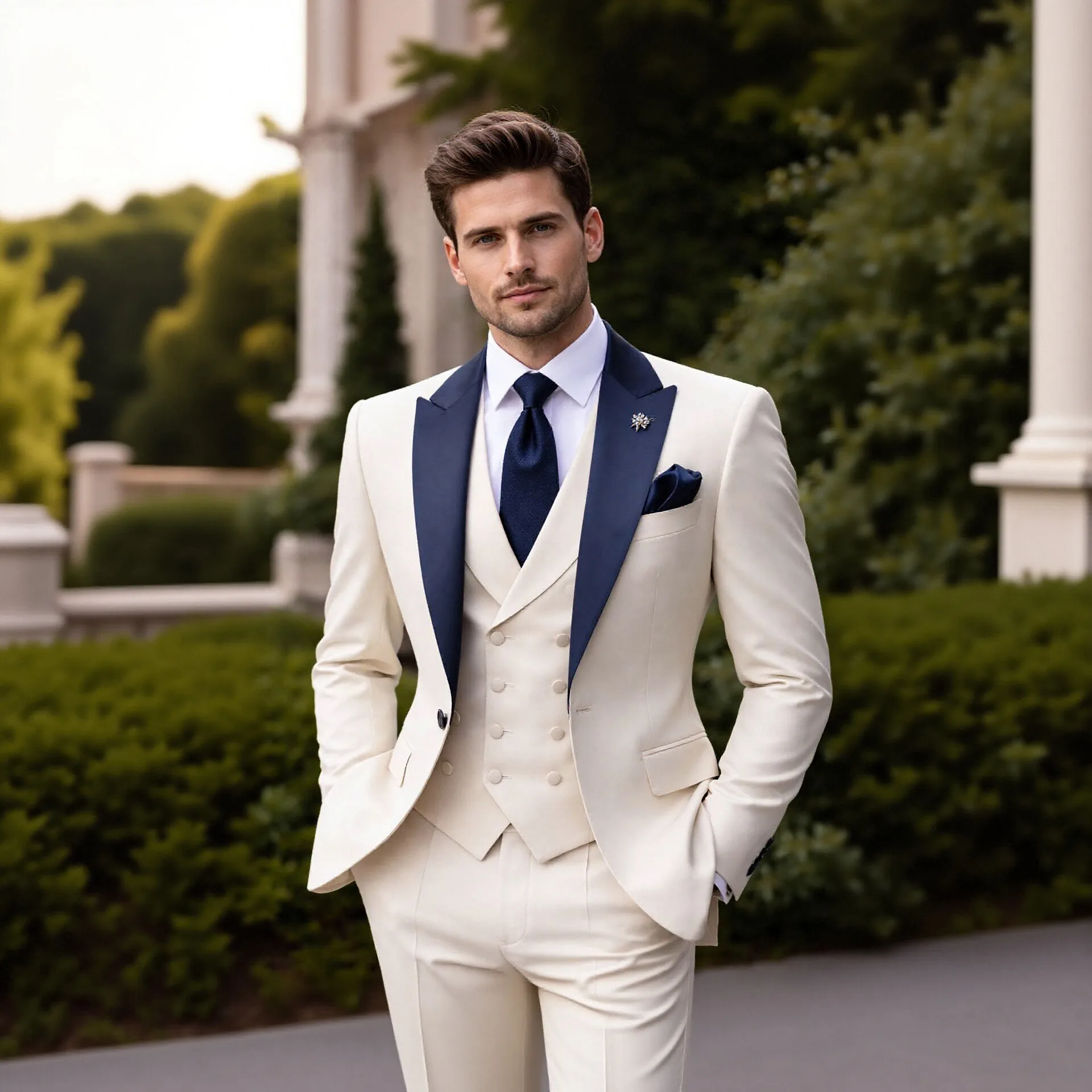 Men 3 Piece Suit Slim Fit Shawl Lapel Beige Jacket Navy Blue Lapel Tuxedo Set for Wedding Party Formal Business Occasion 2026
Men 3 Piece Suit Slim Fit Shawl Lapel Beige Jacket Navy Blue Lapel Tuxedo Set for Wedding Party Formal Business Occasion 2026