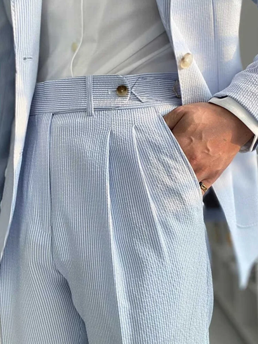 Мужские летние повседневные брюки с высокой талией из неаполитанской ткани Bubble Cloth, прямого кроя, модные, элегантные, в британском стиле, длинные
Мужские летние повседневные брюки с высокой талией из неаполитанской ткани Bubble Cloth, прямого кроя, модные, элегантные, в британском стиле, длинные