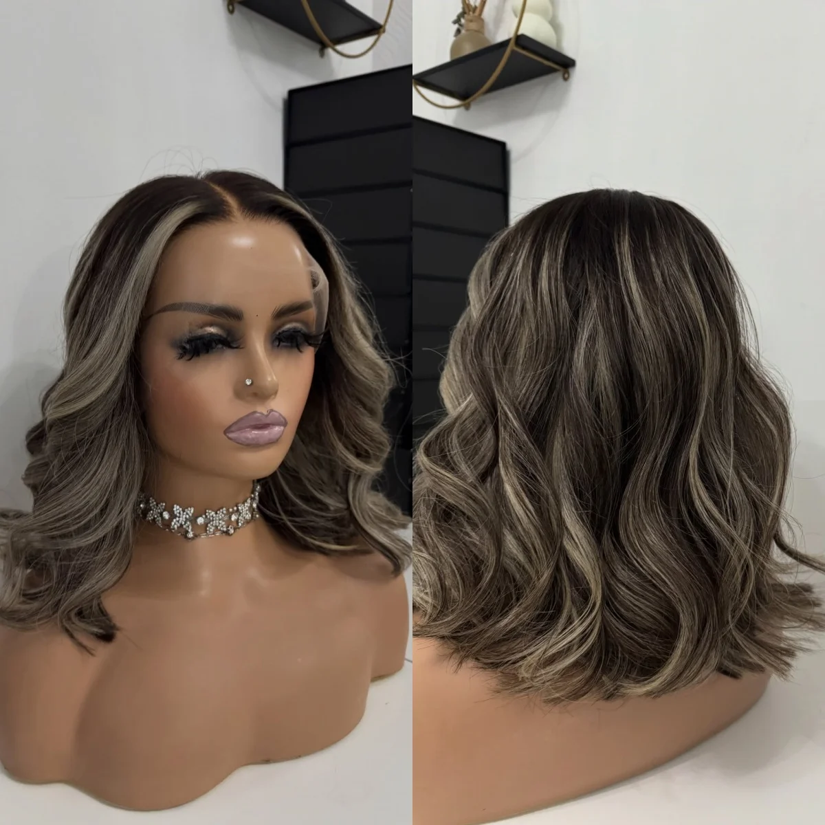 12-дюймовые свободные волны темно-коричневого цвета со светлыми бликами Синтетические кружевные фронтальные парики на плечо Высокое качество 13*4 Парик высокой четкости
12-дюймовые свободные волны темно-коричневого цвета со светлыми бликами Синтетические кружевные фронтальные парики на плечо Высокое качество 13*4 Парик высокой четкости